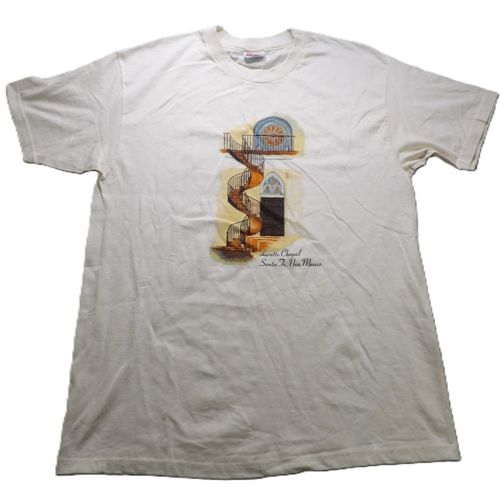 VTG 90s Hanes Loretto Chapel Santa Fe New Mexico Graphic T-Shirt White Large Tee